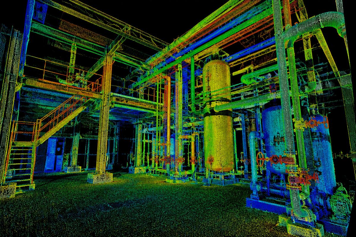 Nuvem de pontos colorida de uma instalação industrial com tubulações e estruturas metálicas