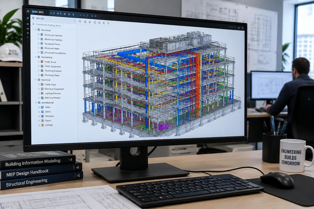 Modelo BIM de edifício comercial com sistemas estruturais e instalações exibido em monitor