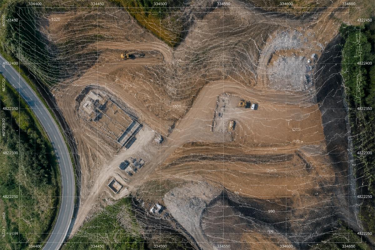 Ortofoto de canteiro de obras com curvas de nível sobrepostas